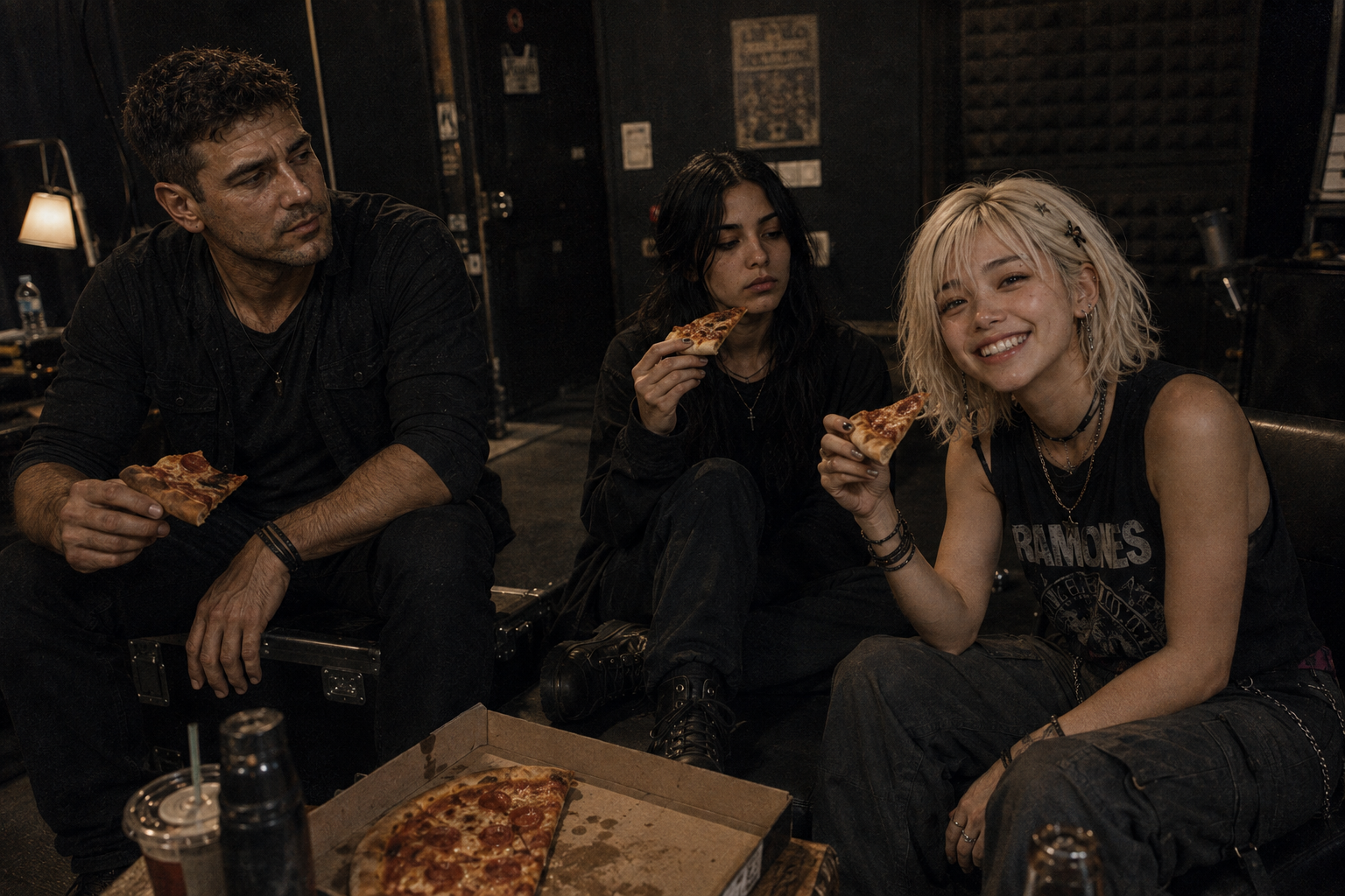 Pizza compartida durante una pausa del ensayo